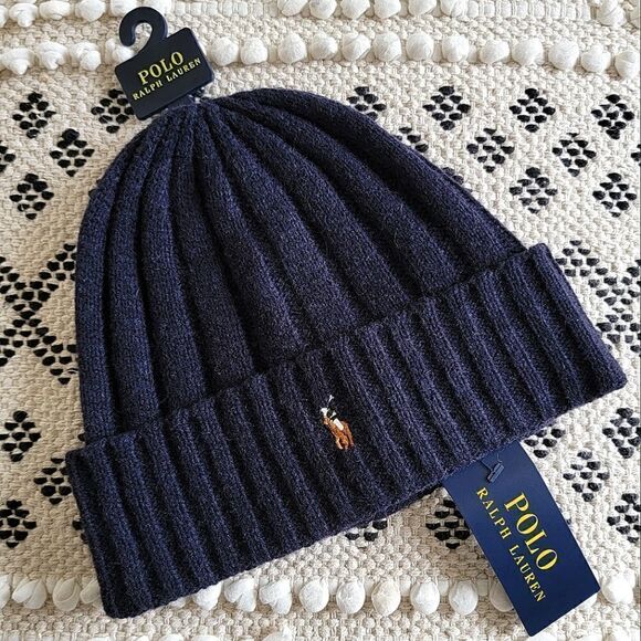 Polo Ralph Lauren Unisex Merino Cuffed Beanie Hat Multicolor Pony Logo Navy Blue - Picture 1 of 6